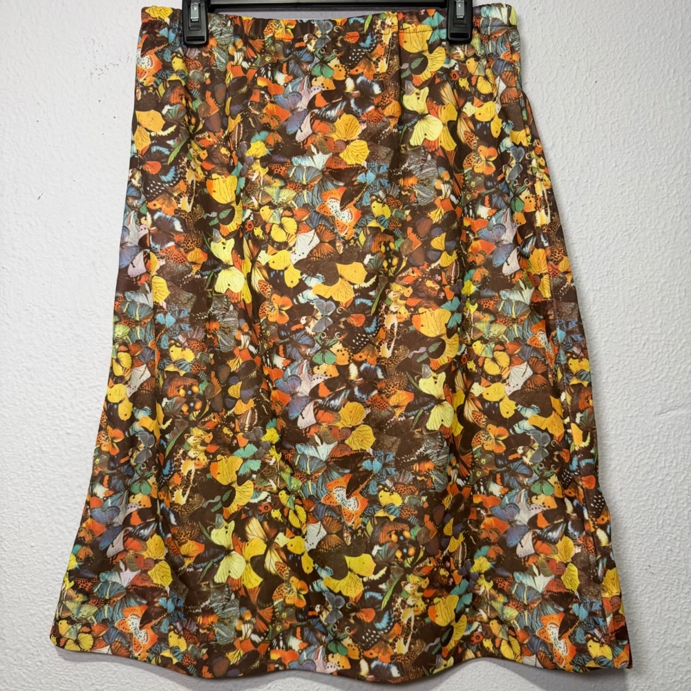 Vintage Boho Whimsical Butterfly Print Midi Skirt Large Brown Womens Y2K A-Line‎
